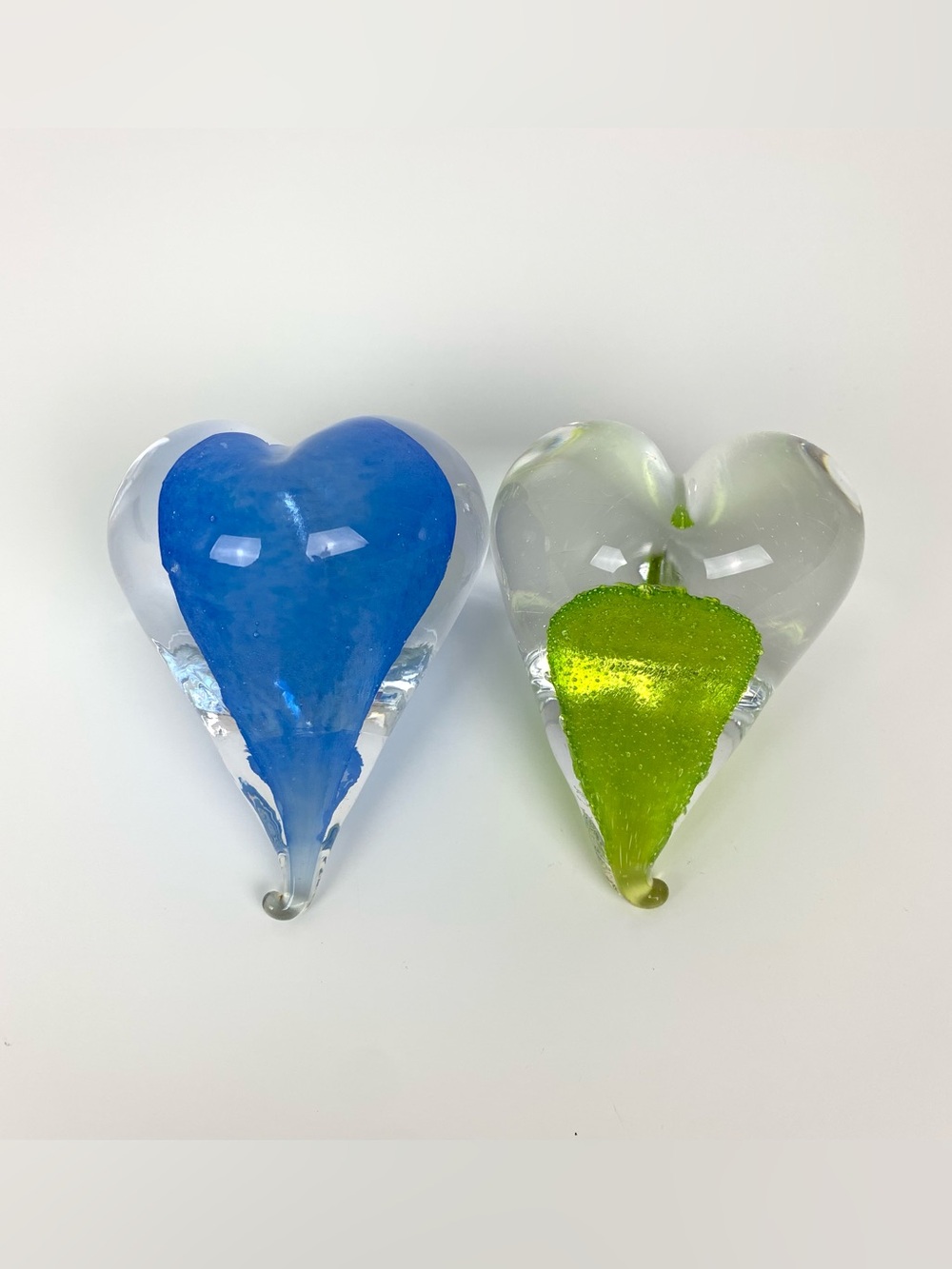 Pair Signed Glass Heart Shaped Paperweight Annie Michaud Blue Green Set Of 2 Vtg